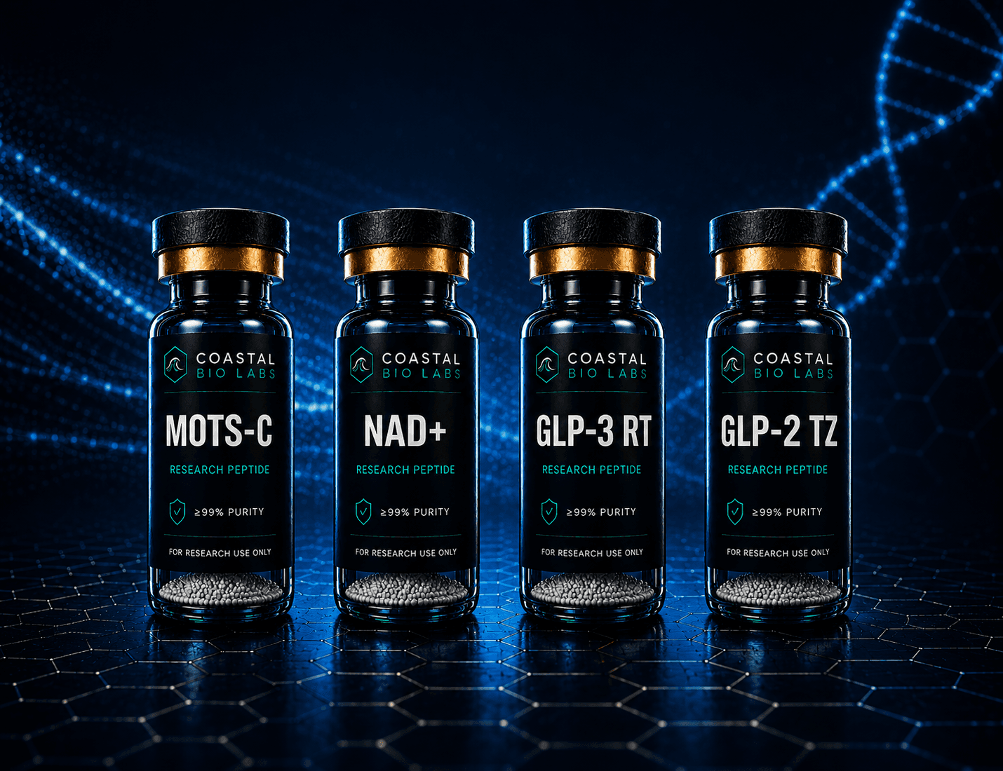 Coastal Bio Labs research peptides β MOTS-C, NAD+, GLP-3 RT, GLP-2 TZ